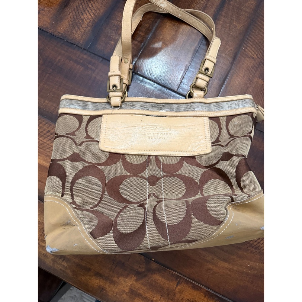 Coach Signature Jacquard Canvas Shoulder Bag Brown Tan Leather Brass Hardware